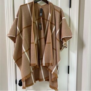Vince Camuto Tan and Ivory Plaid Shawl Poncho Fringe & Vegan Leather Trim NWT OS